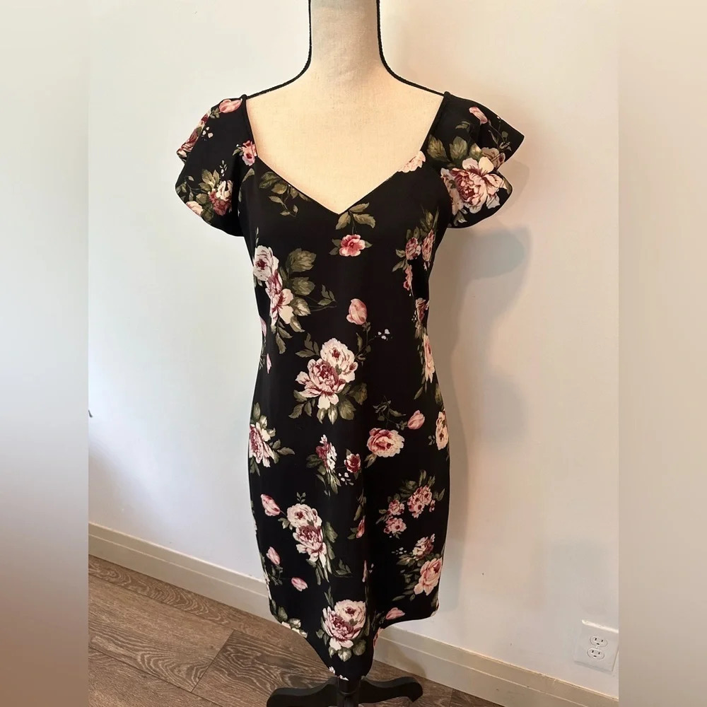 Guilty Floral Black and Pink Midi Dress Bodycon  Flutter Sleeve Size Large